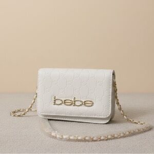 NWT Bebe Celia Monogram Flap Crossbody Bag White Gold Chain Small Purse